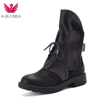 

Cow Leather & Suede Leather Women Short Boots Lace-up ShortBoots Back Belt Buckle Ladies Shoes Two Ways Wear Black Shoes