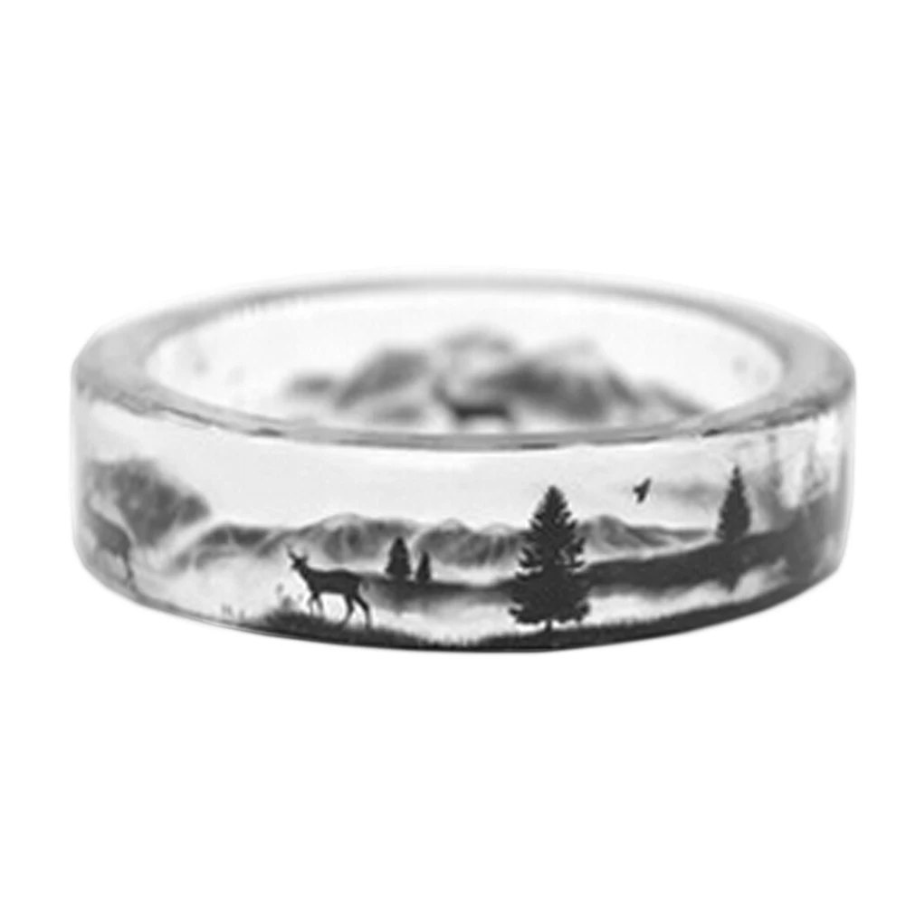 

Handmade Transparent deer and Trees Resin Rings Scenery Inside Black and White Women Finger Knuckle Ring Fashion