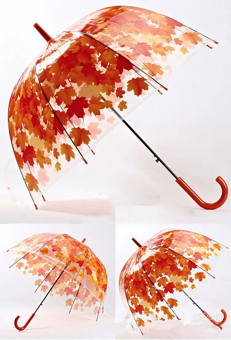 Transparent umbrella long handle green leaf transparent umbrella straight rod hook hook umbrella bubble PVC umbrella zara women