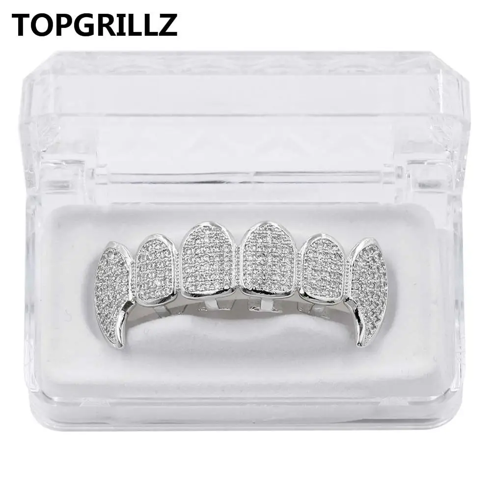 TOPGRILLZ пользовательский Fit посеребренный CZ микро проложить сверху и снизу Пользовательские Гриль Набор родий зубы грили вампирский зуб Grillz - Окраска металла: Silver Top