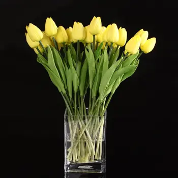 

10pcs Yellow Latex Real Touch Tulip Flower with Leaves For Wedding Bouquet Decorate