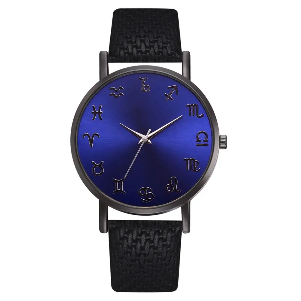 

Fashion Men Women Faux Leather Blue dial Watch Twelve Constellations Women Men Dress Quartz Wrist Watch Gift Dropshipping