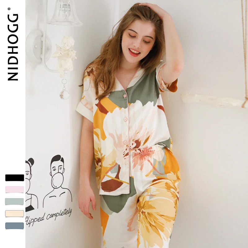 Женская Корейская Пижама с v-образным вырезом, с принтом чернил, с коротким рукавом, штаны, домашняя одежда, вискозная Пижама, Сексуальная атласная пижама, 2 комплекта, одежда для сна - Цвет: V-Neck