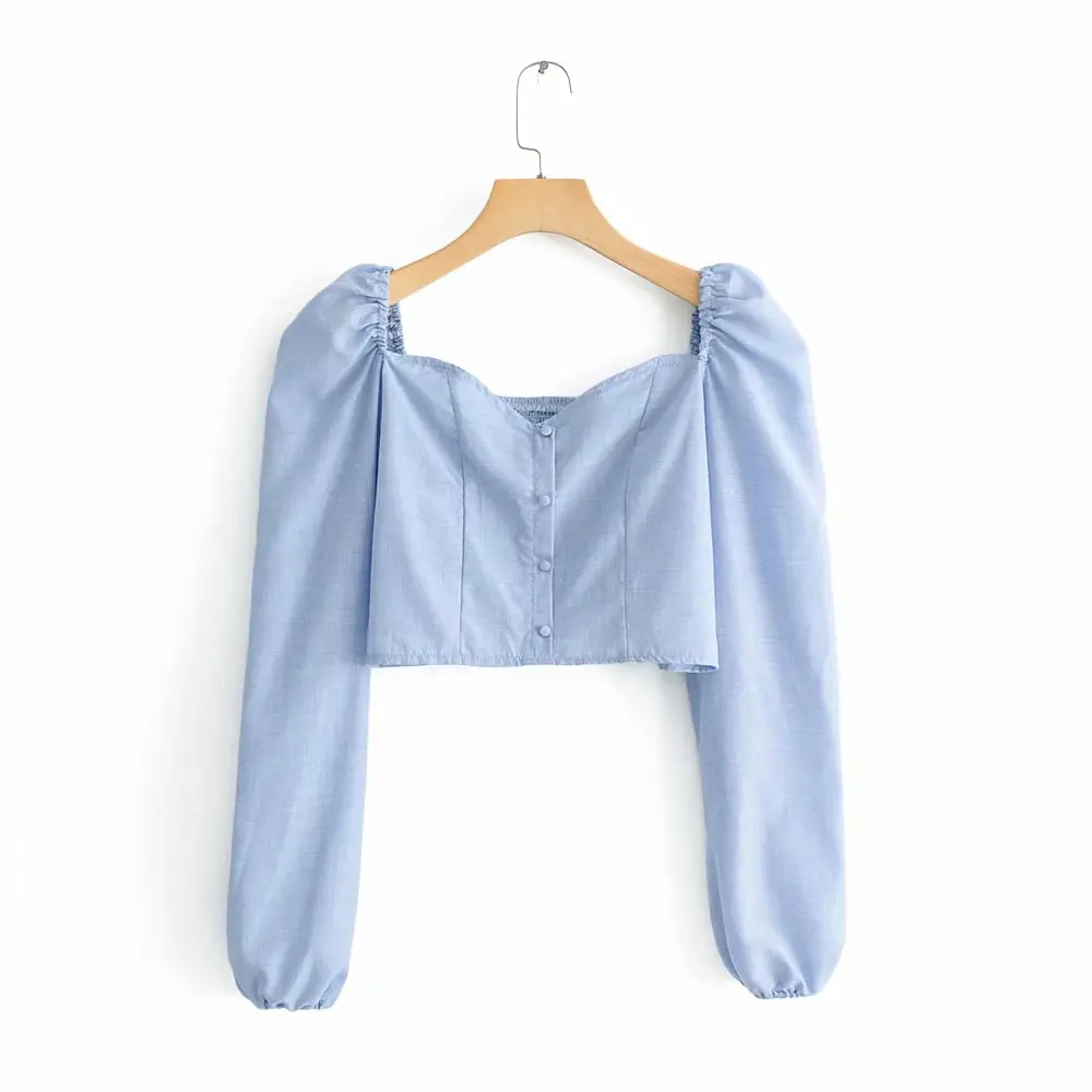 

2019 women fashion v neck puff sleeve buckles short blouse shirts women back elastic chemise retro chic femininas tops LS3567