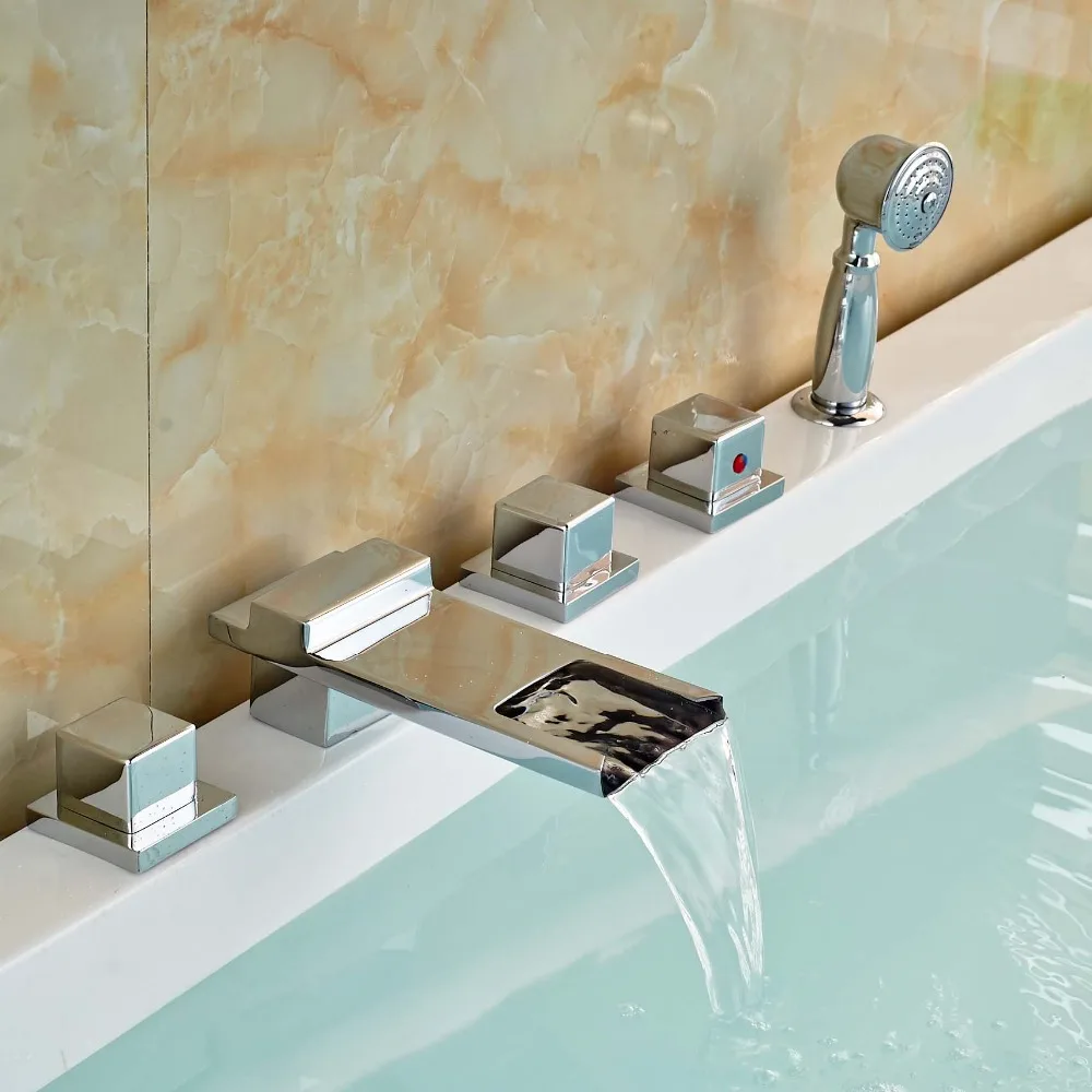 

Deck Mount Waterfall Widespread Bathroom Sink Faucet Tub Mixer Tap in Chrome