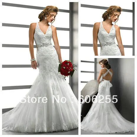 White Tulle V-neckline Sleeveless Sexy Back Design Wholesale Lace Wedding Dress Elie Saab | Свадьбы и торжества
