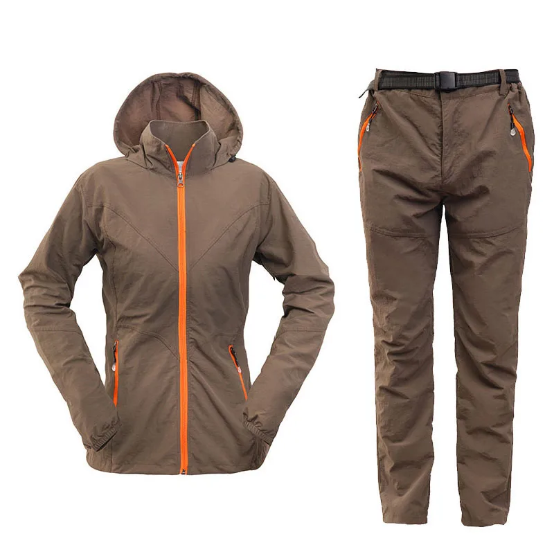 Комплект одежды для кемпинга, походов, для спорта на открытом воздухе, для мужчин и женщин, летний спортивный костюм, куртки с капюшоном, штаны, Быстросохнущий дышащий комплект ST01 - Цвет: Women Brown