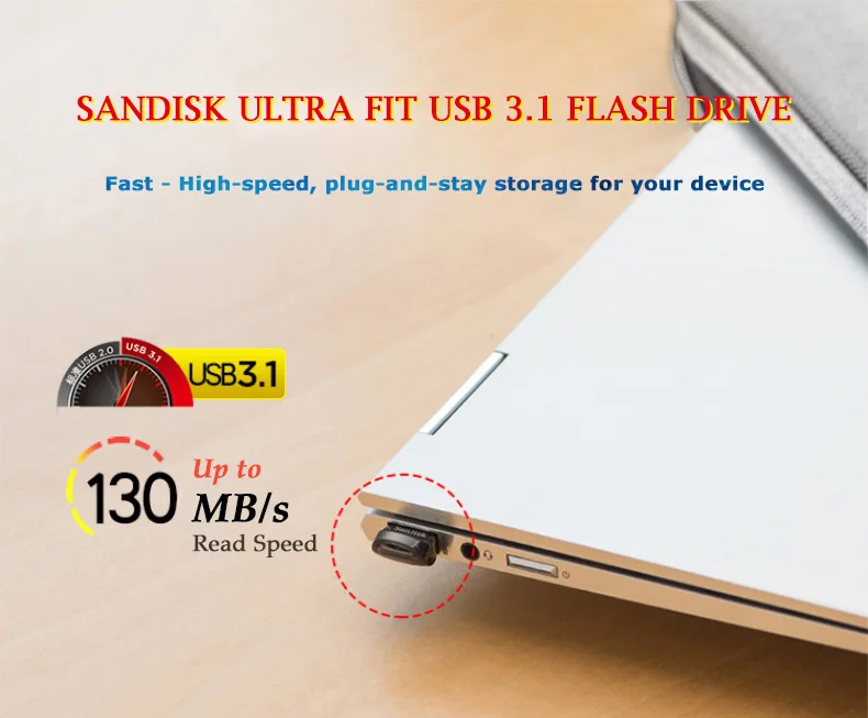 SanDisk Ультра Fit CZ430 USB флэш-накопитель 16 ГБ 32 ГБ 64 Гб мини-накопитель 3,1 скорость чтения до 130 Мб/с* USB 3,0 128 ГБ флешка