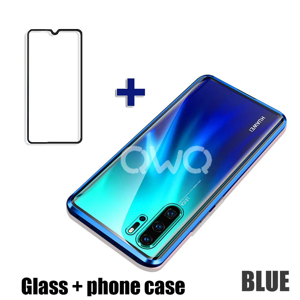 blue and glass Металлический магнитный стеклянный чехол для телефона huawei P20 P30 Pro Lite P Smart Защитные чехлы для huawei mate 20 Lite Pro откидная крышка - Цвет: blue and glass