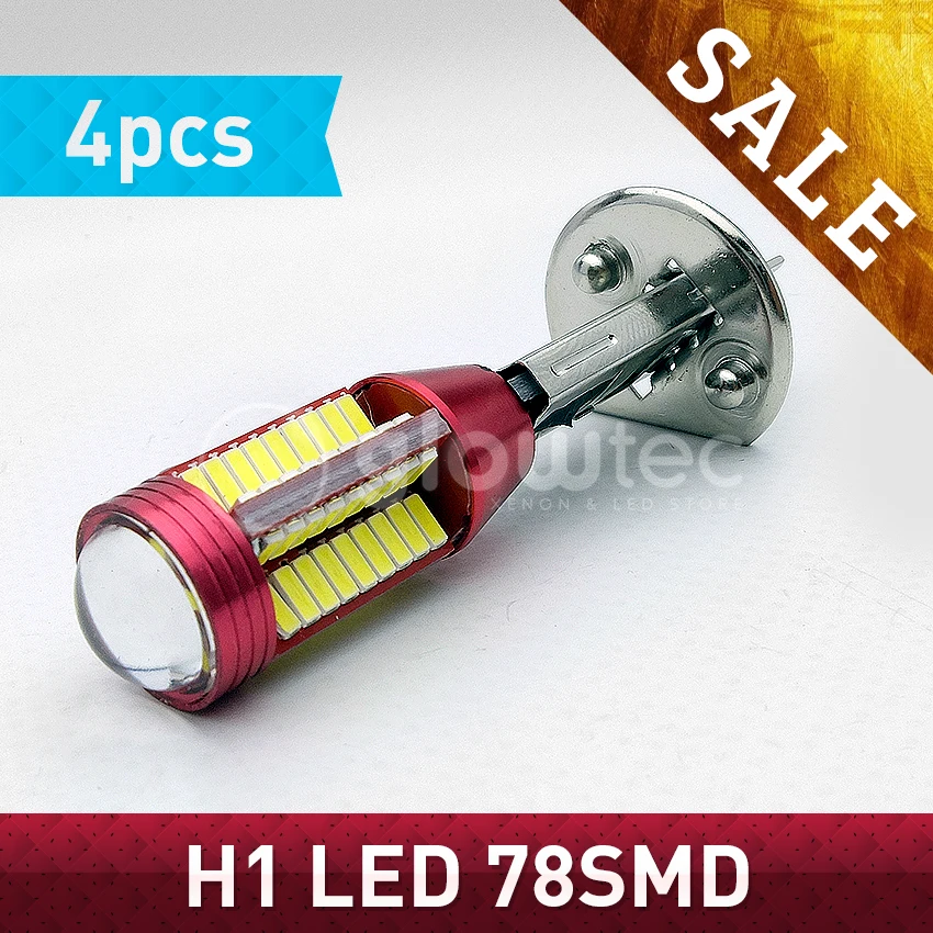 

4 pieces H1 78 SMD 4014 lens LED Headlight Lamp 78smd Bulb external Fog light lamps White 12V to 18V GLOWTEC