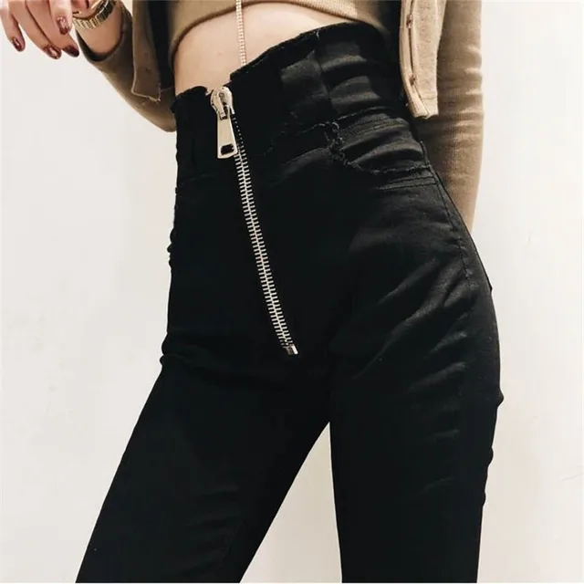 Printemps 2019 Style jean avec fermeture éclair derrière coton Streetwear  décontracté été noir slim jean femme Stretch Push Up Denim pantalon |  AliExpress