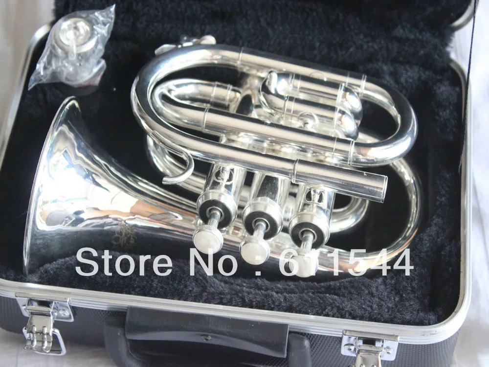 

High Quality Silver Pocket Trumpet Cornets with Case Free Shipping Wholesae