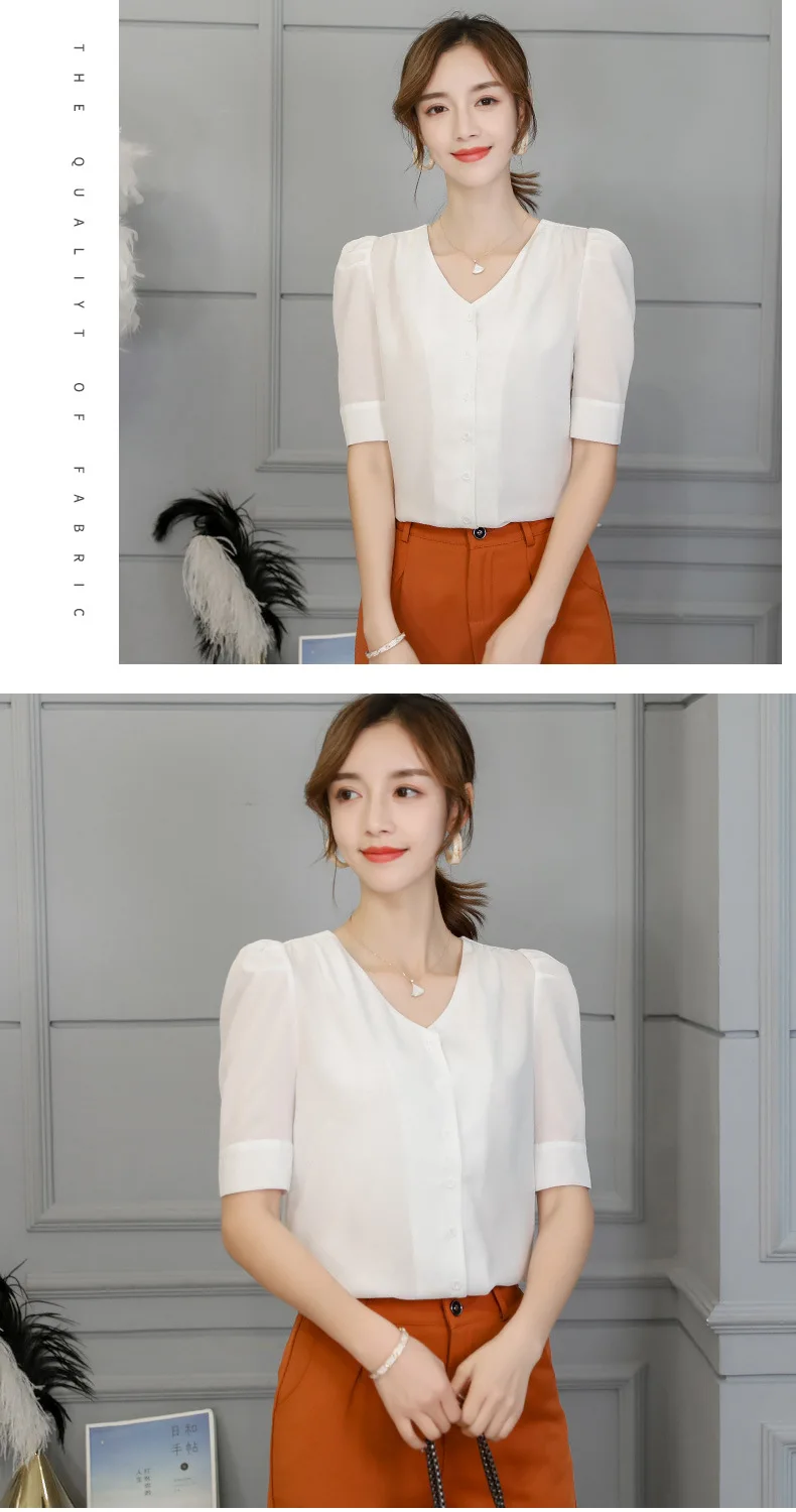 Корейская женская шифоновая блузка с длинным рукавом с короткими рукавами и короткими рукавами Леди Блузки на пуговицах года