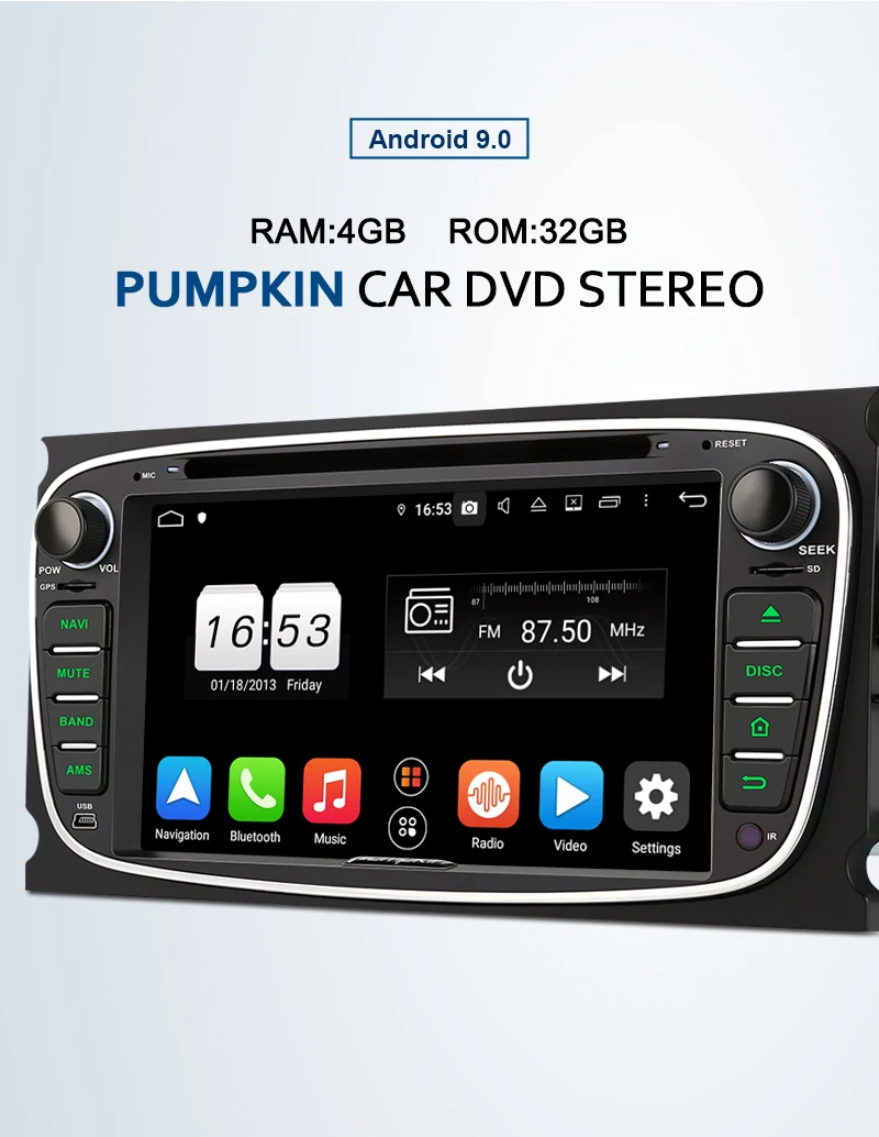 Perfect Pumpkin 2 Din 7"Android 9.0 Car DVD Player GPS Navigation Octa-core Car Stereo For Ford Mondeo/Focus Wifi OBD2 Fastboot Headunit 1