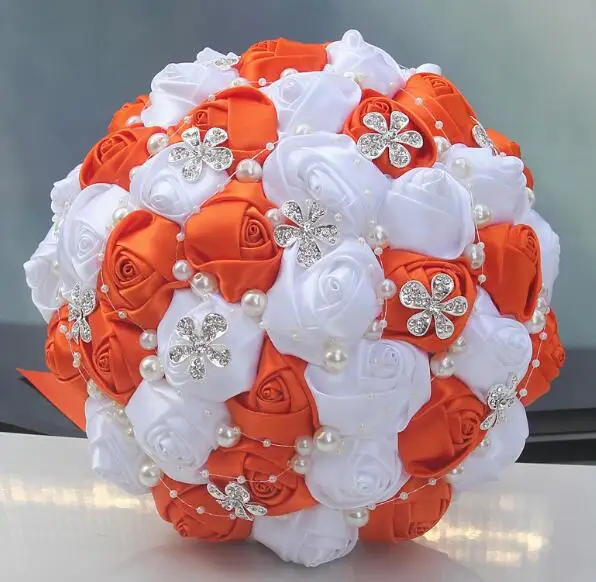 JaneVini Royal Blue and White Wedding Bouquet Diamond Fleur Satin Luxury Beaded Bridal Flowers Ribbon Rose Crystal Bouquet - Цвет: Orange and White