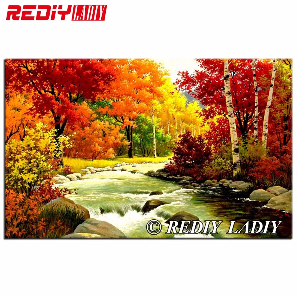 

Picture Of Diamond Mosaic Autumn Forest Cross Stitch Crystal Round Diamond Sets Unfinish Decorative Diamond Embroidery Landscape