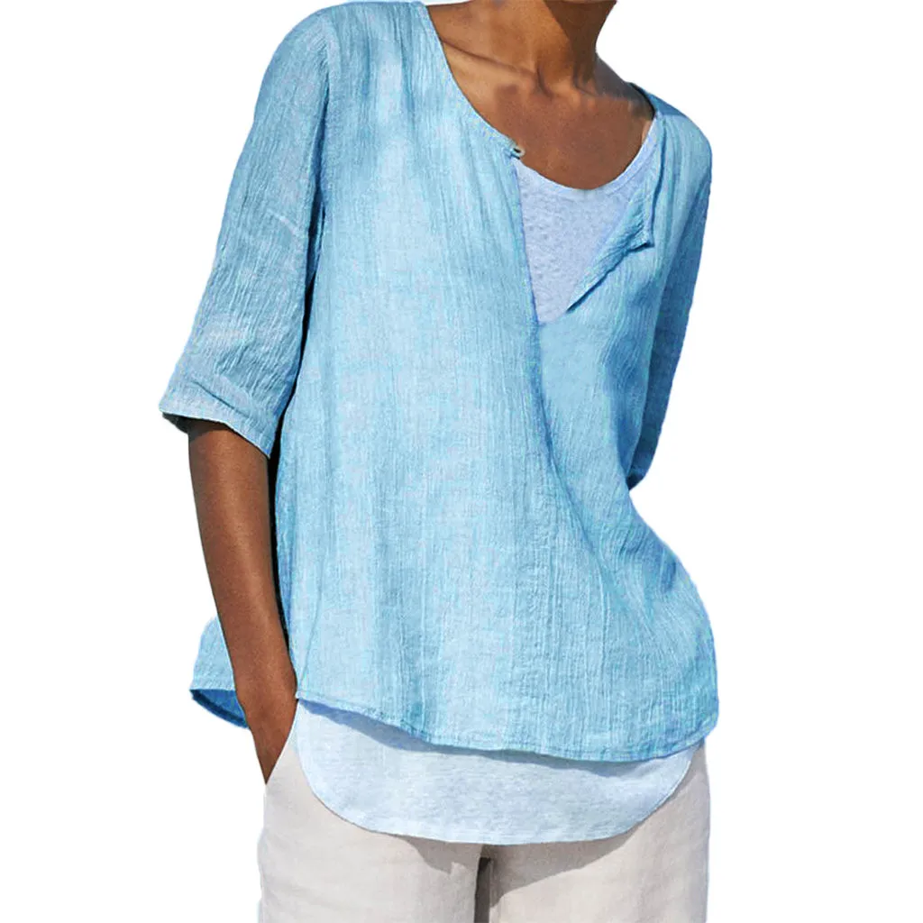 

Womens Linen Blouse Fashion Summer Short Sleeve Blouses Casual Loose Solid Color Plus Size Beach Wear Cover-up Short Linen Blous