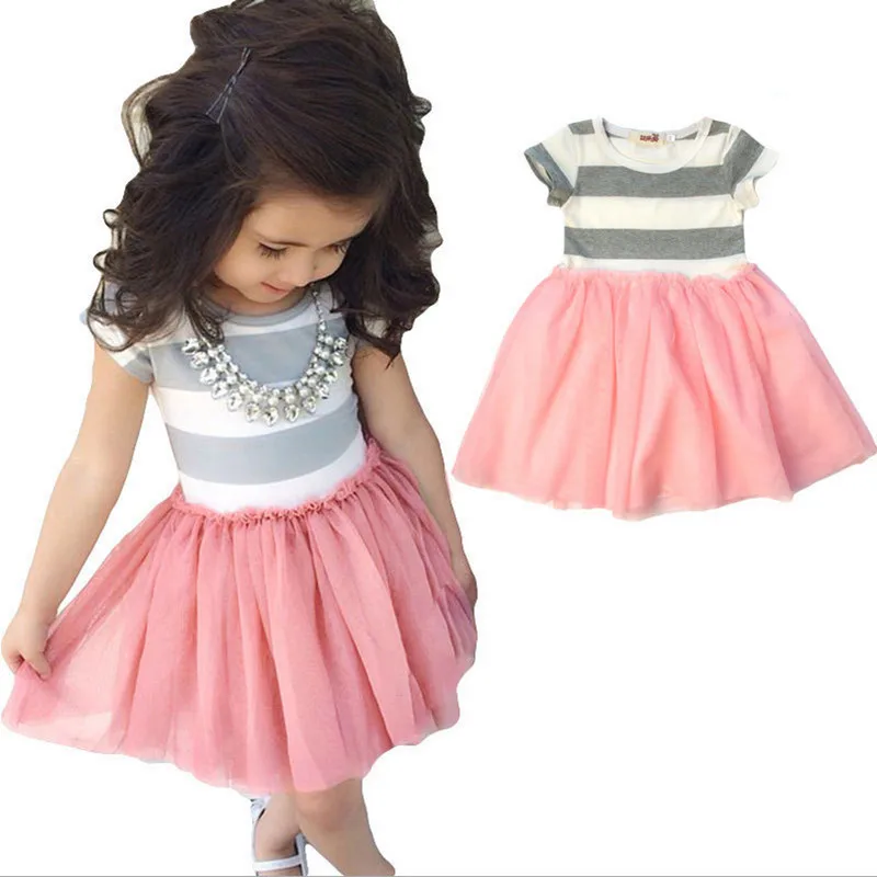 

Toddler Girls Short Sleeve Tops Mini Dress Striped Princess Pleated Dress