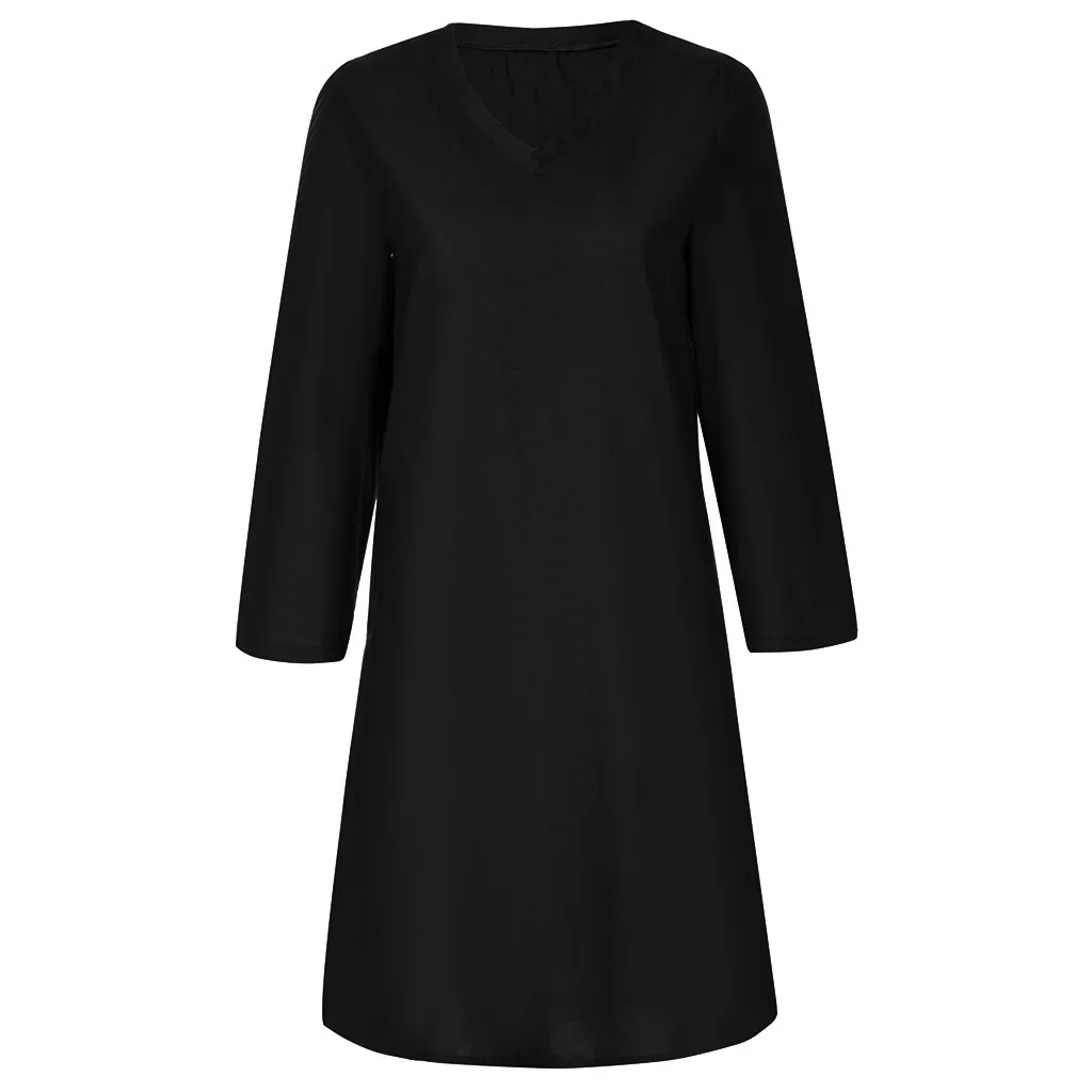 Женское платье большого размера, свободное однотонное платье с длинным рукавом, хлопок, лен, длина до колена, платья для вечеринок, повседневные женские платья, vestidos S-5XL - Цвет: Black