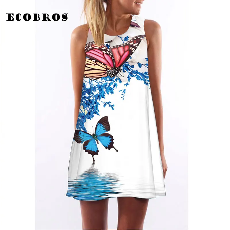 

ECOBROS 2019 Summer New Vintage Woman Dress casual sleeveless Loose butterfly print mini dresses plus size woman clothing dress
