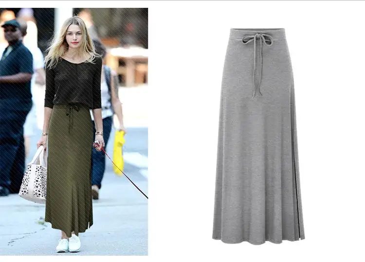 S-6xl Plus Size Summer Solid Knitted Long Pencil Skirt Womens2019 Autumn High Waist Lack Up Black Maxi Skirt For Women - Цвет: Gray