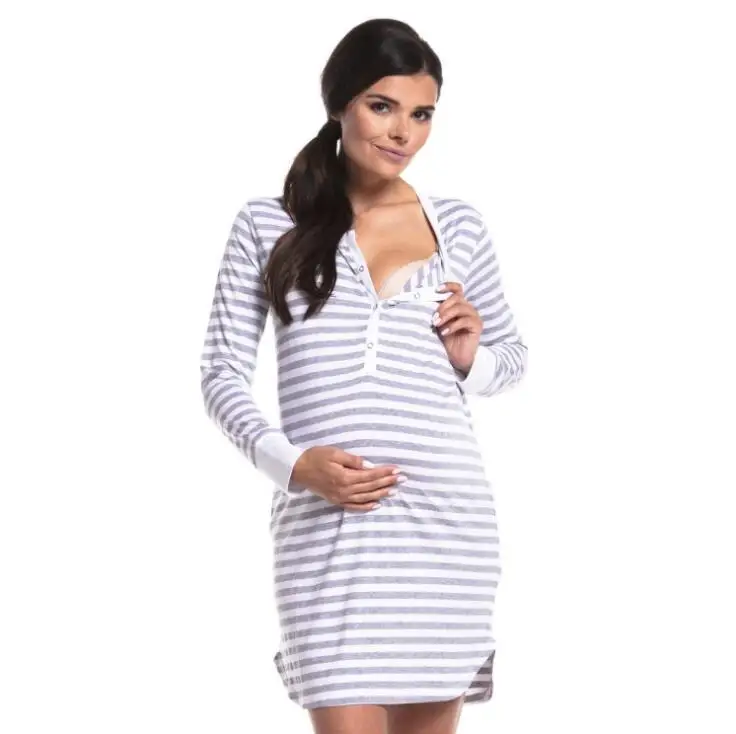 Striped Maternity Robe Pregnant Long Sleeve Labor Delivery Nursing Hospital Gowns Nursing Nightgown for Breastfeeding Sleepwear - Цвет: Gray