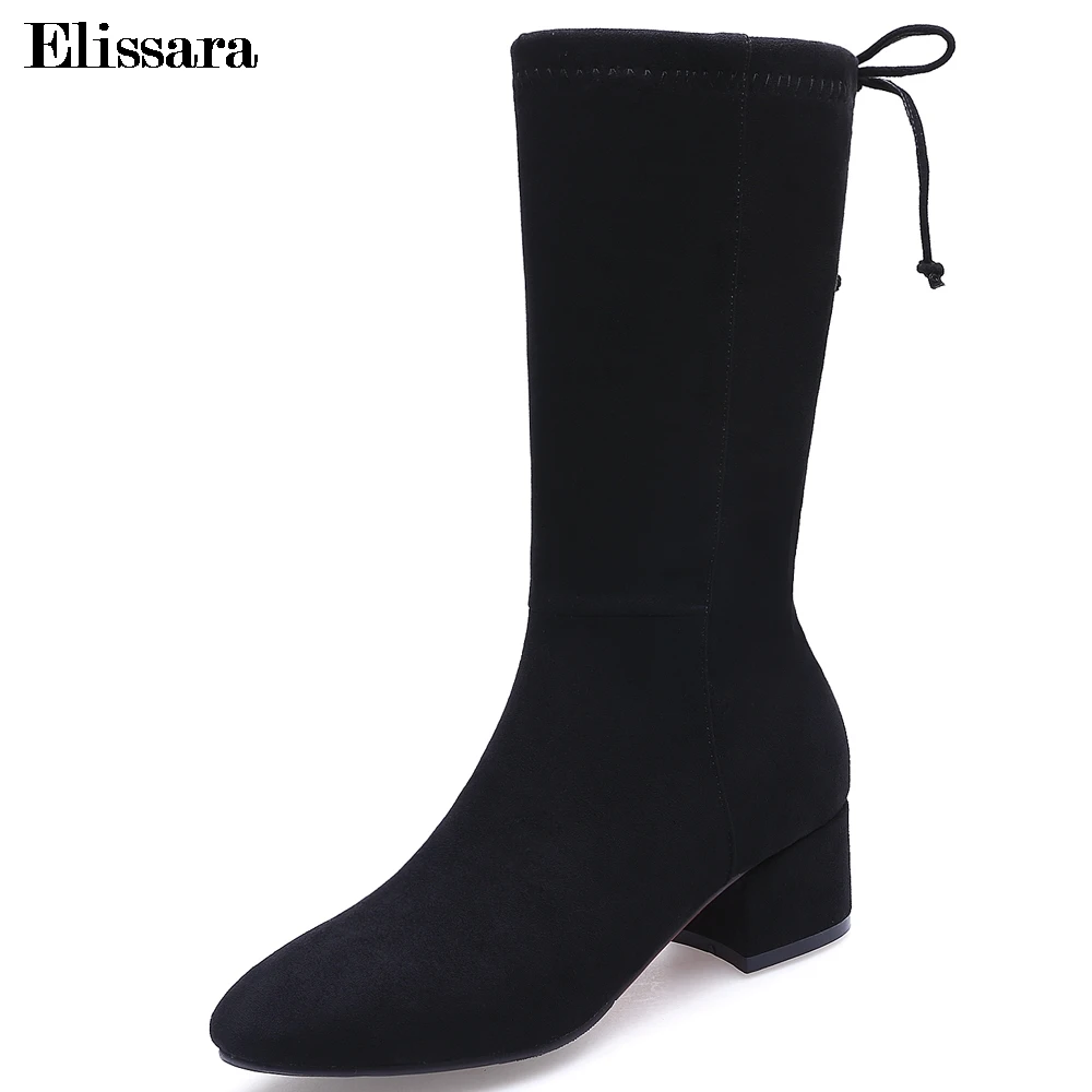 

Elissara Fashion New Women Winter Boots Mid Heel Mid Calf Boots Women Zipper Excellent Quality Boots Plus Size 34-42