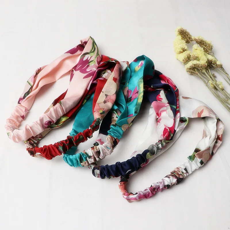 

Headbands Women Hair Accesorries Girl Head band Floral Print Silk Satin fabric Hairbands Elastic Cross Turban Promotion
