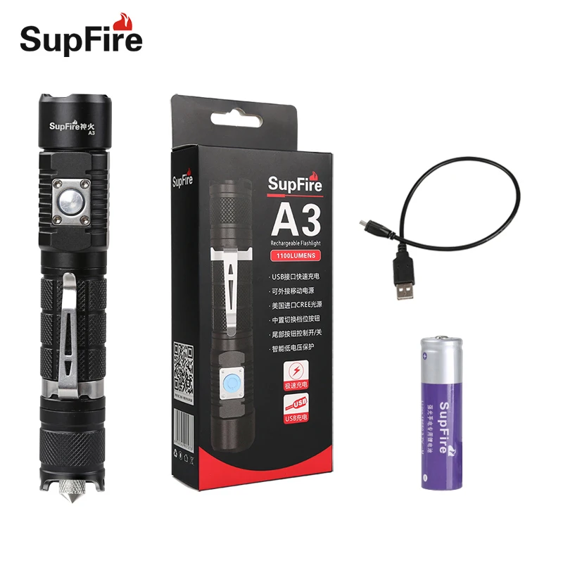

Supfire Flashlight USB Torch Linterna Led Car Flash Light 2300lm Camping 18650 Rechargeable Lamp A3-S for Convoy S2 Olight Fenix