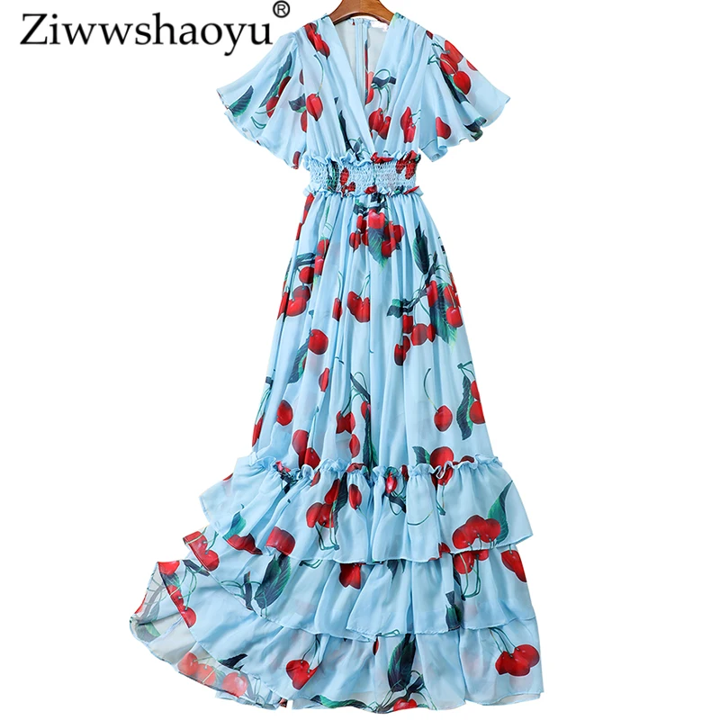 

Ziwwshaoyu Vacation Chiffon Print Maxi dresses V-Neck Ruffles Flare Sleeve elegant Elastic waist dress New women's