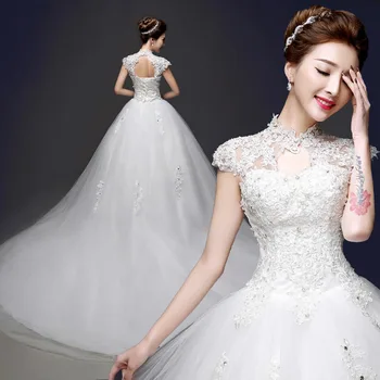 

New Arrival 2019 robe de mariee A line High Neck vestido de noiva QUEEN BRIDAL Long Tail Vintage Wedding Dresses