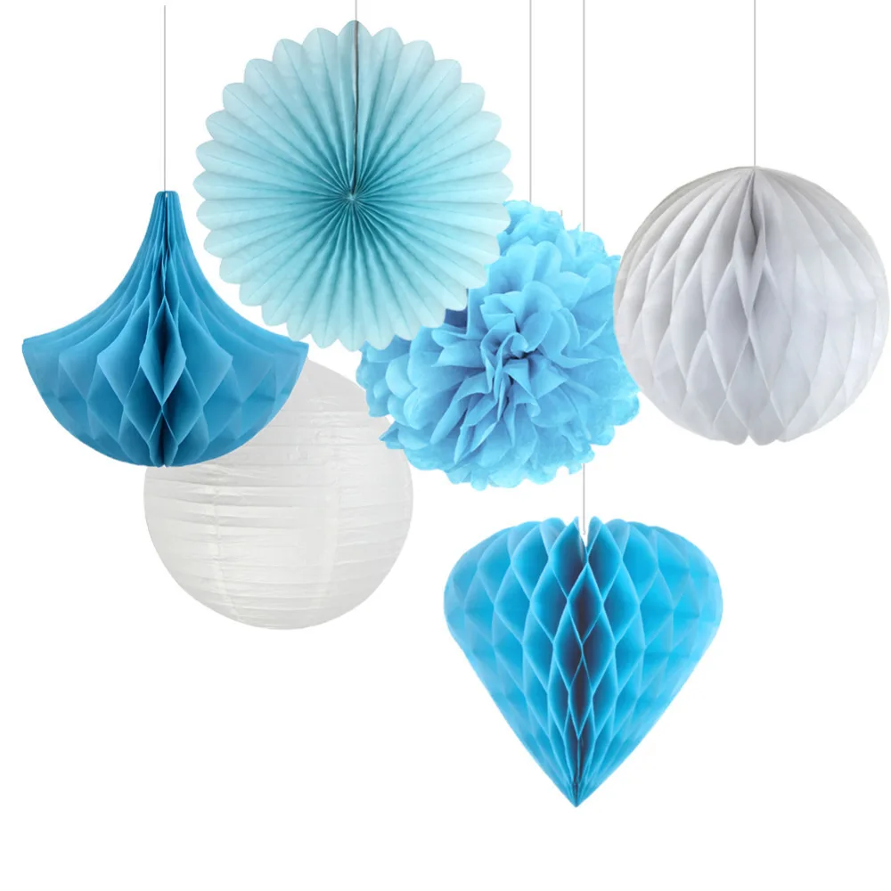 

Blue&White Party Decoration Set 6pcs/set With Heart Honeycomb Ball Paper Fan For Birthday Party Baby Shower Wedding Decoration