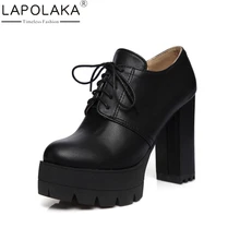 

LAPOLAKA Top Quality New Large Size 34-43 Lace Up Black White Square high-heeled Women Shoes Cool Platform Date Pumps
