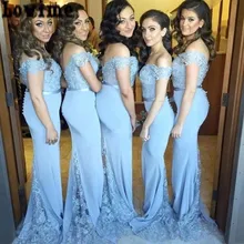 Off the Shoulder Lace Appliques Mermaid Bridesmaid Dress Long Sweep Chiffon Maids Honor Dress Plus size Wedding Party Dress
