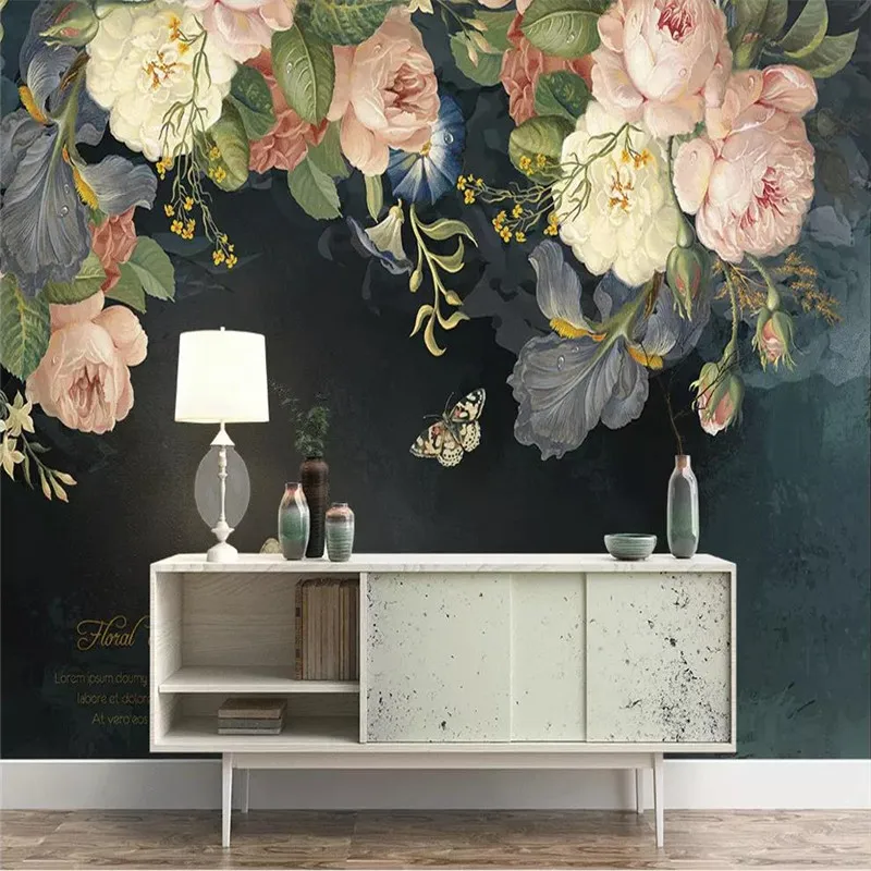 

Custom wallpaper Nordic retro European oil painting rose flower sofa TV background wall high-grade waterproof material