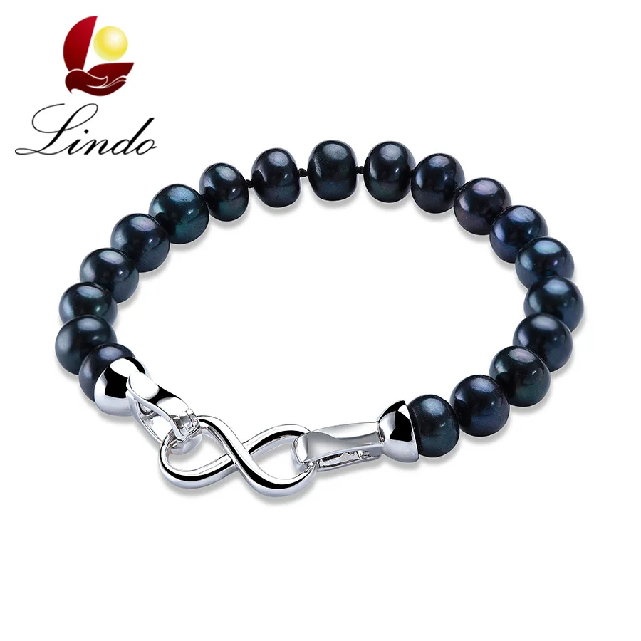 

Elegant Black Natural Freshwater Pearl Beaded Bracelets For Women Romantic 925 Sterling Silver Jewelry Mother's Gift 18cm/20cm