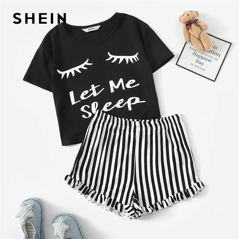 SHEIN Kiddie Ruffle Letter Print Tee And Striped Shorts Set Girls Nightwear Kids Pajama Set 2019 Short Sleeve Casual Sleepwear SHEIN Kiddie Ruffle Letter Print Tee And Striped Shorts Set Girls Nightwear Kids Pajama Set 2019 Short Sleeve Casual Sleepwear