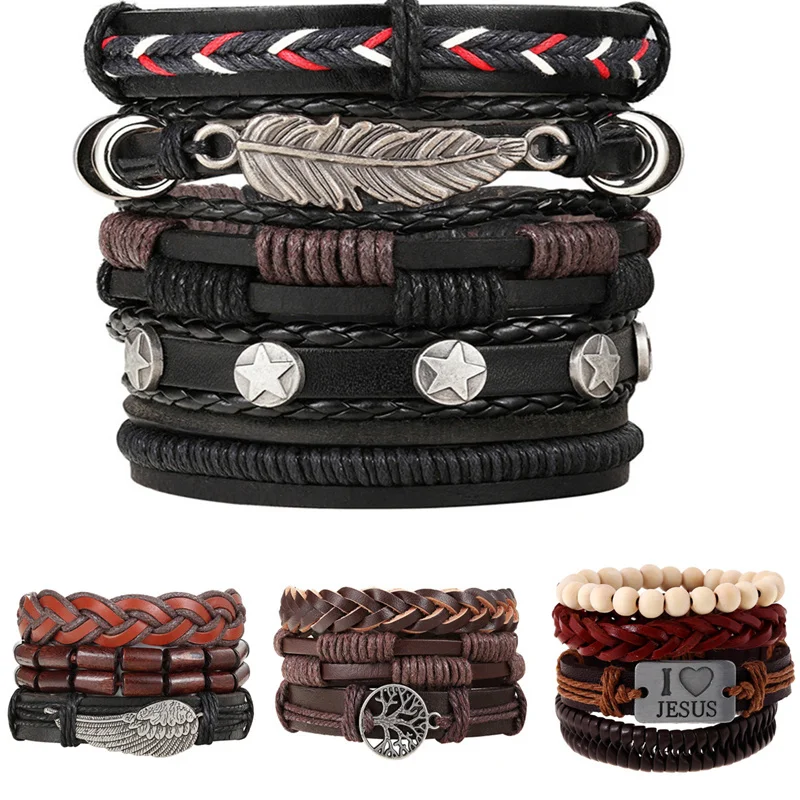 

2019 Vintage Leaf Feather Multilayer Leather Bracelet Men Fashion Braided Handmade Star Rope Wrap Set Bracelets & Bangles Male