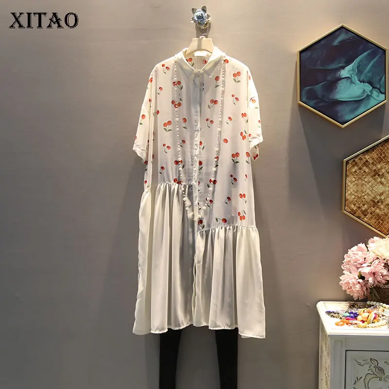 [XITAO] Women 2019 Summer Korea Fashion Turn-down Collar Short Sleeve Loose Dress Female Patchwork Print Pattern WBB3925 | Женская