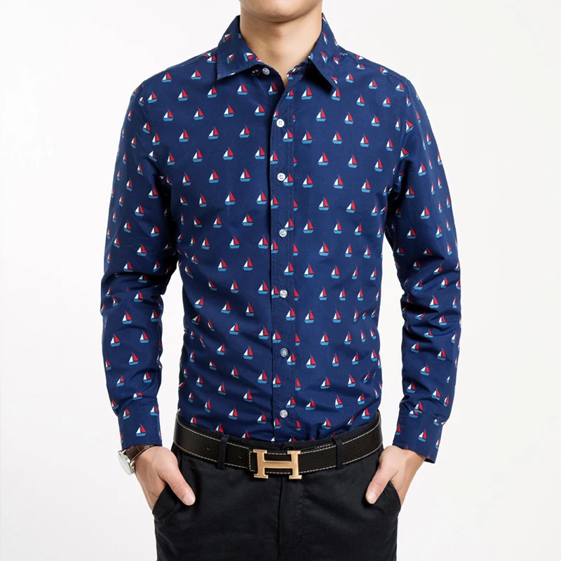 

Men Shirts Brand 2019 New Spring Long sleeve Polyester Sailboat printing Casual Business shirts Men Shirt Camisa Masculina