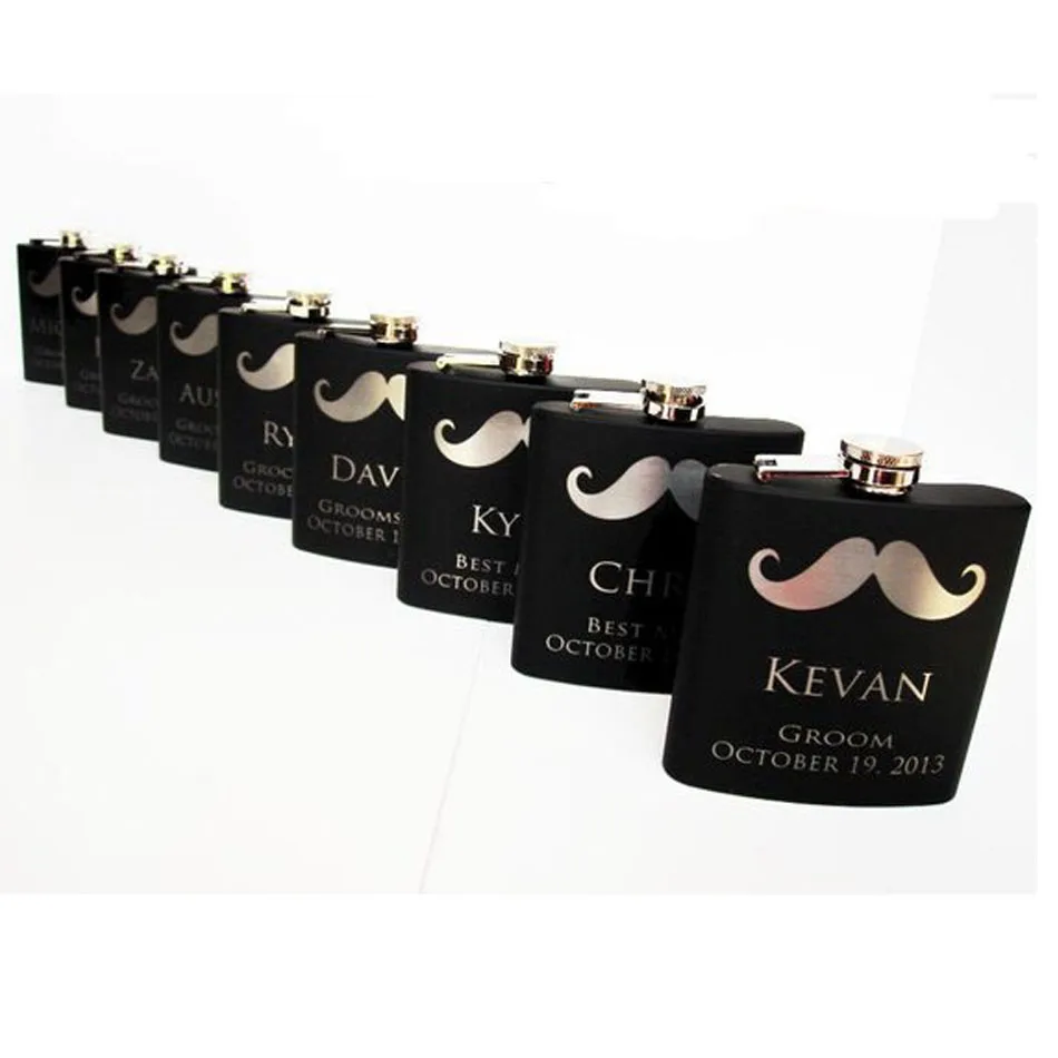 

6oz Personalized Hip Flask beard pattern Engraved name Custom black leather stainless steel Gift for Him, Groomsmen Gifts