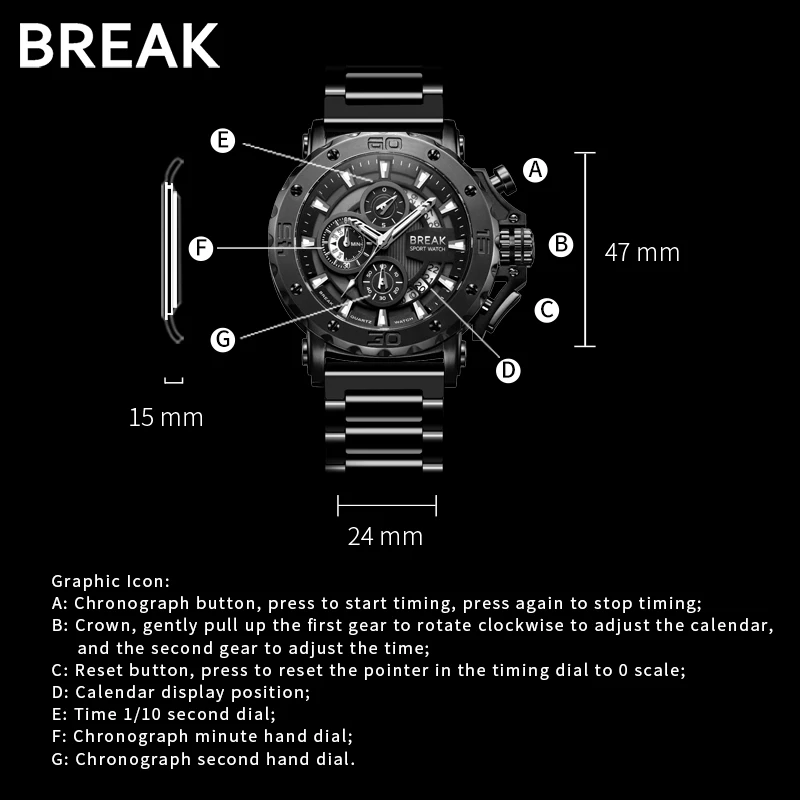  BREAK Men Quartz Watches Top Luxury Brand Stainless Steel Band Casual Fashion Chronograph Luminous 