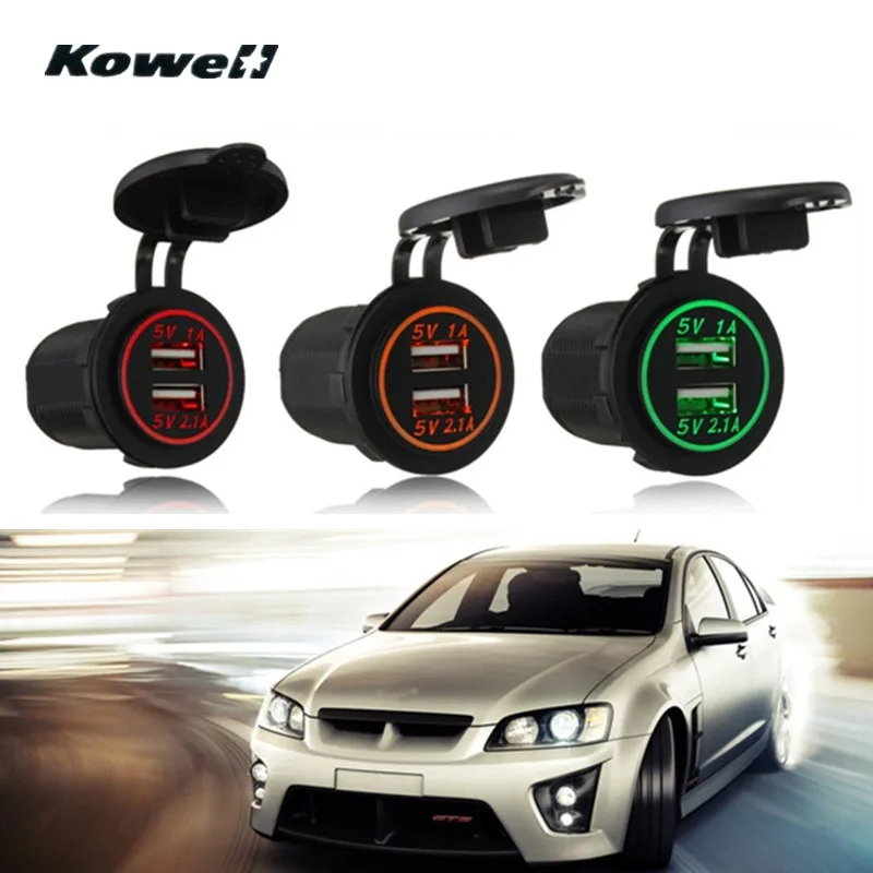 

KOWELL 5V 2.1A 1A Auto Dual Ports 2USB LED Lights Power Charger Adapter Socket Splitter + Cover Car Charging Socketer for iPhone
