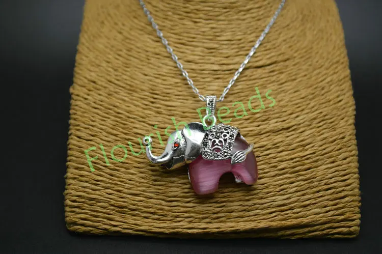 

Pink Cat Eye Stone Elephant Pendant Necklace for Party Gift Free Shipping