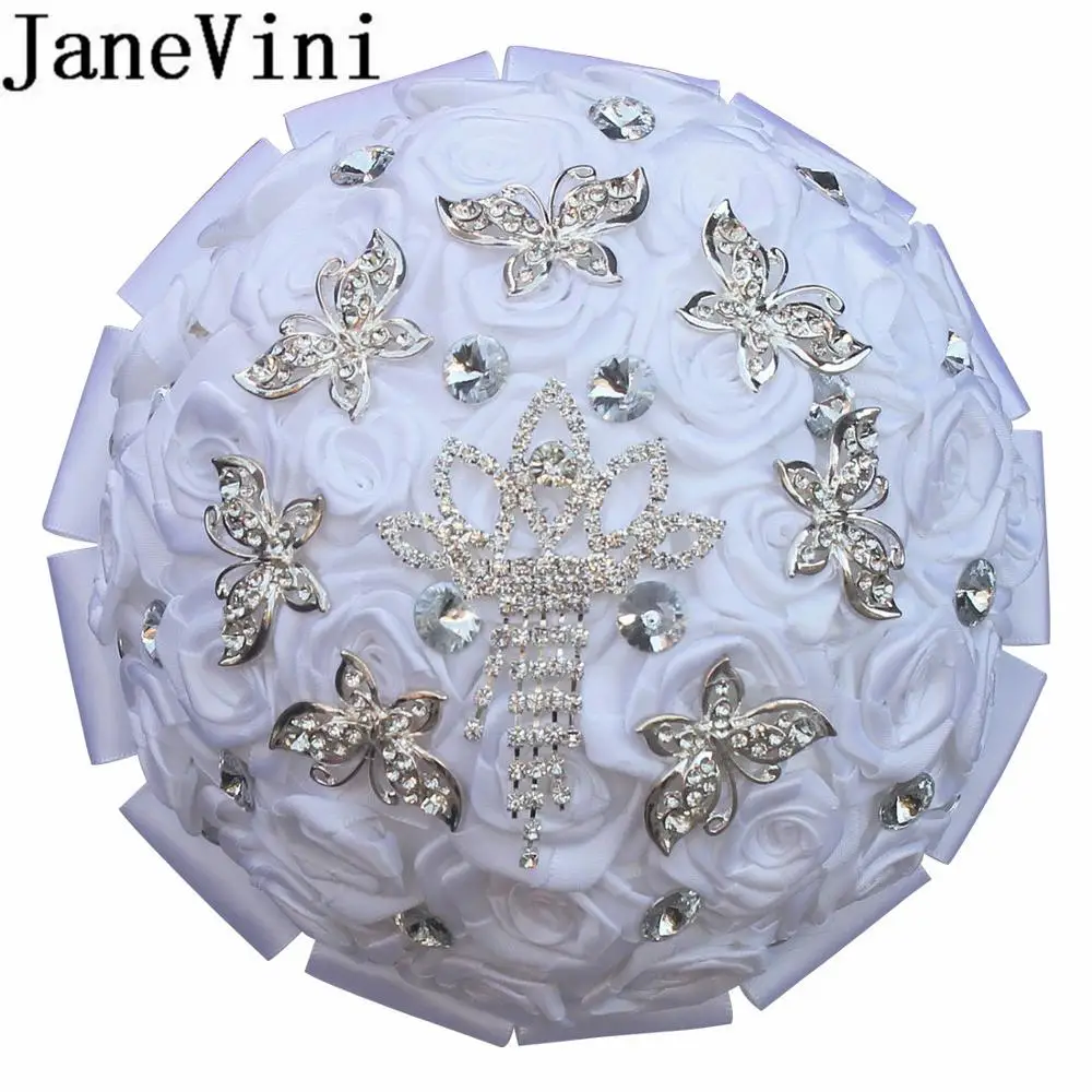 JaneVini Bling Silver Rhinestones White Bridal Bouquets With Crystal Satin Rose Sparkly Butterfly Jewelry Wedding Flower Bouquet