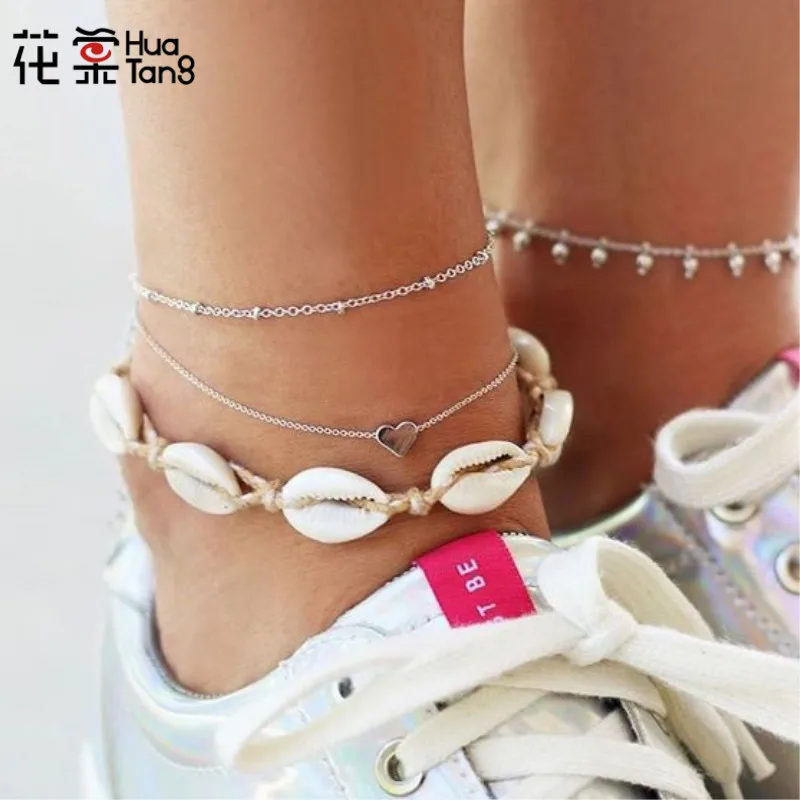 

HuaTang Bohemian Layered Shell Pendant Anklet Set for Women Geometric Heart Adjustable Silver Anklet Set Foot Jewelry 6974