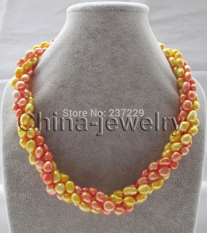 

HOT## Wholesale price ^Beautiful 18" 4row golden & orange baroque freshwater pearl necklace