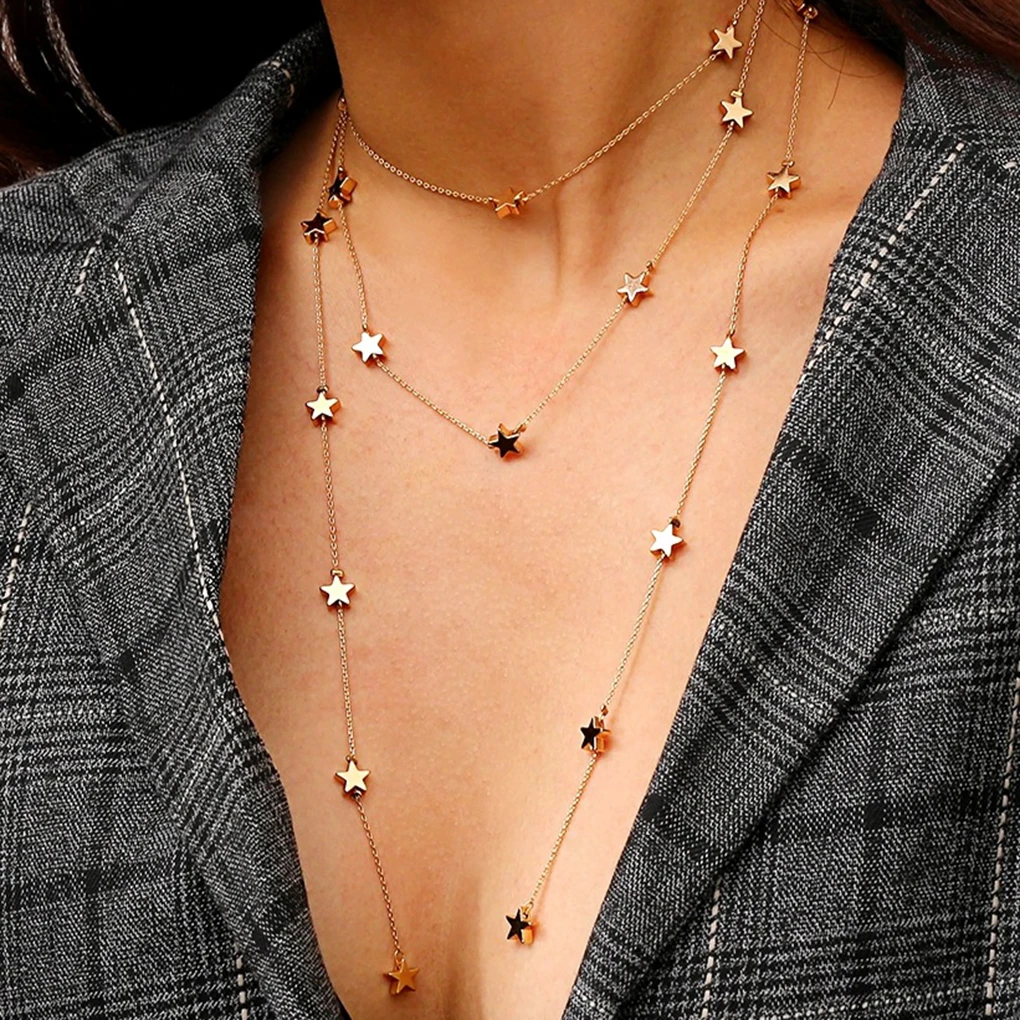 

Fashion Women Star Pendant Breast Chain Multilayer Chain Necklace Tassel Jewelry Girls Punk Clavicle Necklace