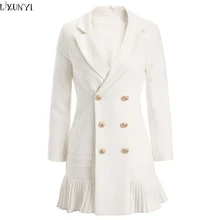 LXUNYI оборки тонкий двубортный Длинный блейзер для женщин белый блейзер feminino Плюс Размер Осень Женские кнопки для костюмов и пиджаков