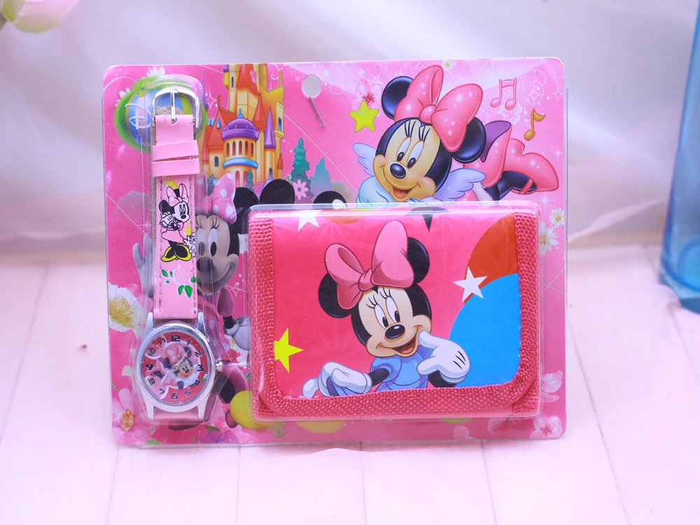 New Children Cartoon Wallet Watch Set Minnie Watches Students Birthday Gifts Quartz Leather Clock